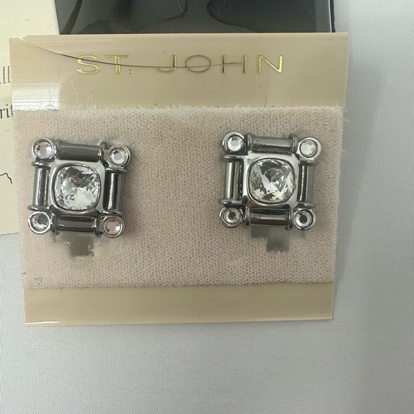 St. John Geometric Silver Earrings with Crystal Accents - Picture 2 of 4